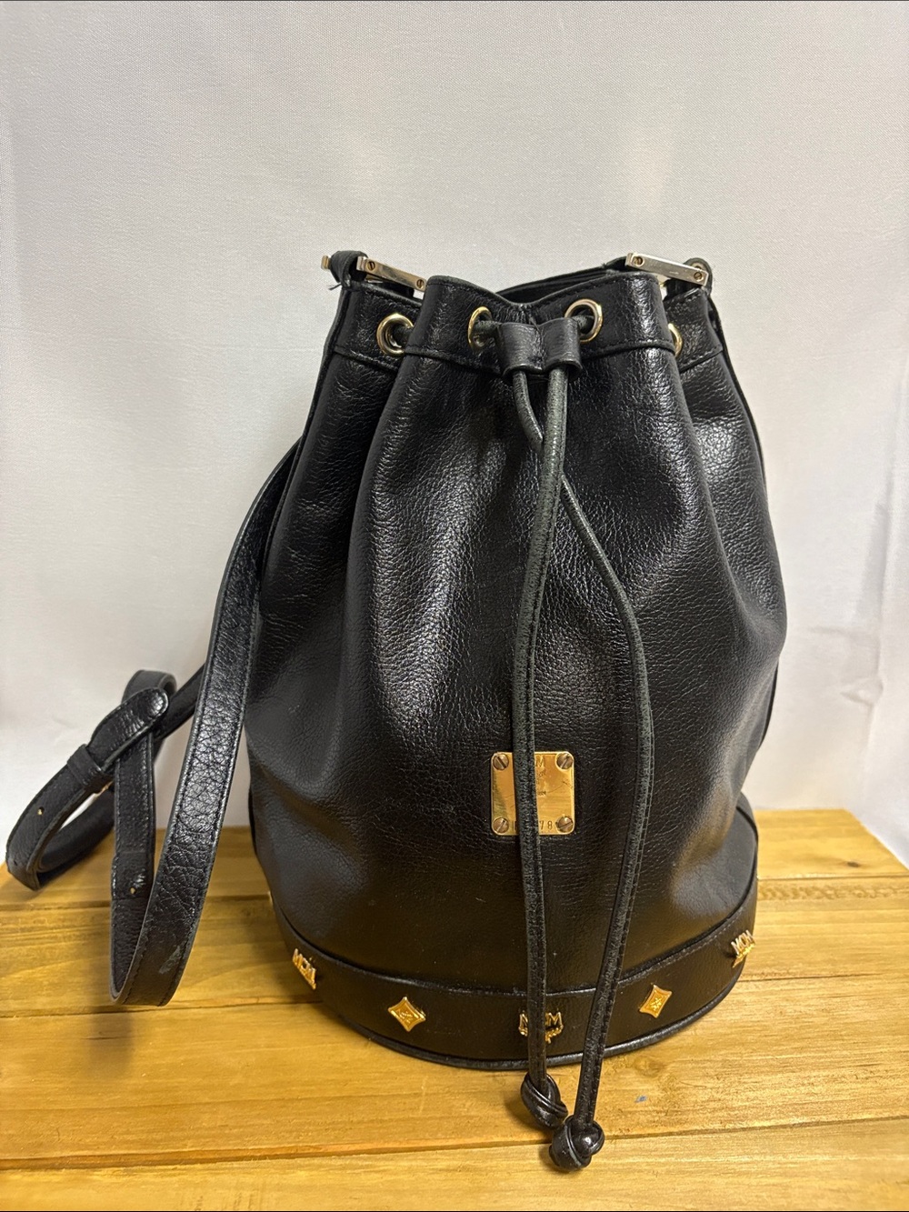 MCM Vintage Drawstring Leather Bucket Bag Crossbody Black